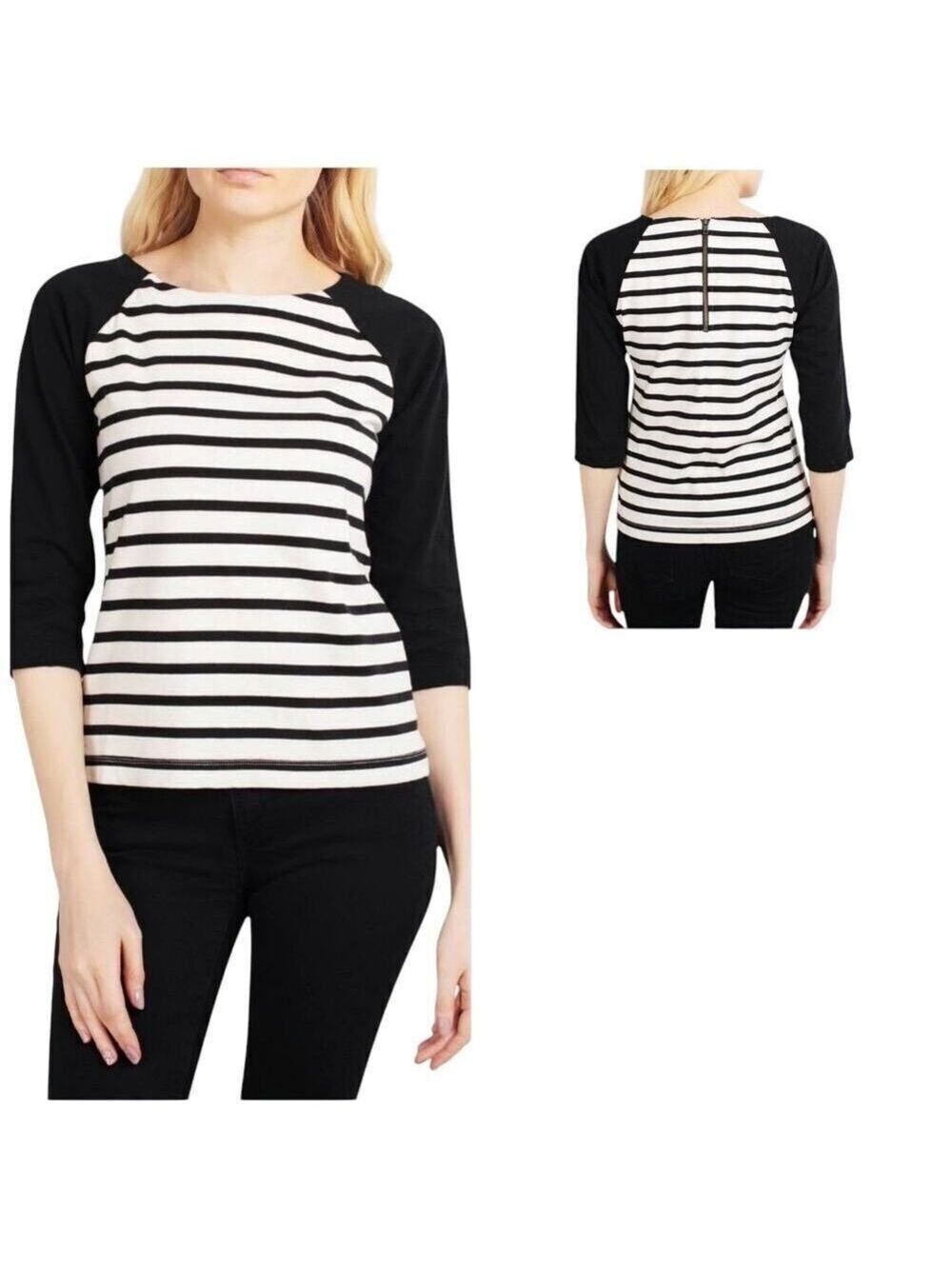 J. Crew Women's Size XS Black & Brown Raglan Sailor Stripe 3/4 Sleeve Top Blouse